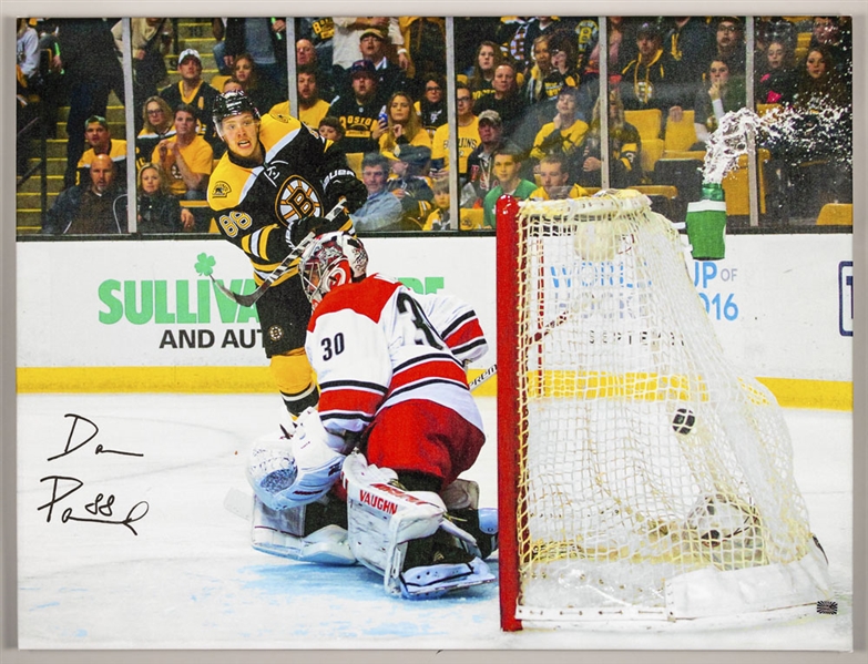 David Pastrnak Boston Bruins Signed Goal Canvas (30” x 39 ½”) Plus Signed 16” x 20” Photo with COAs 