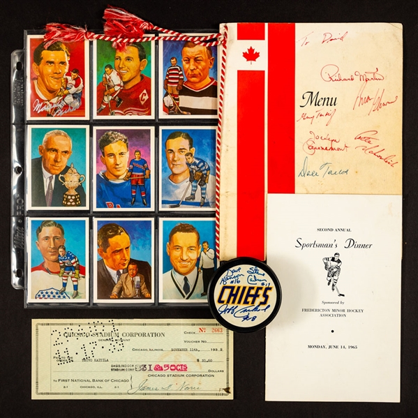 Vintage Hockey Autograph Collection with 1965 Multi-Signed Dinner Program Including Howe, Crozier and Gallivan, 1972 Canada-Russia Series Multi-Signed Program and 1983 HHOF Card Set with Signed Cards 