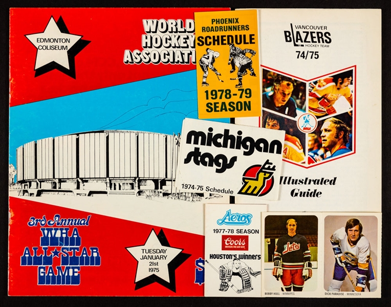 WHA Memorabilia Collection Including Jets First Game Program, WHA Third All-Star Game Program, Vancouver Blazers Game Puck, Crests and Media Guide Plus 1973-74 WHA Quaker Oats Hockey 50-Card Set