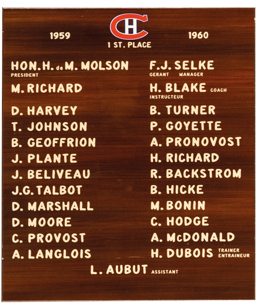 Montreal Canadiens 1959-60 Commemorative Team Plaque Displayed at the Molson Centre/Bell Centre (10" x 12")