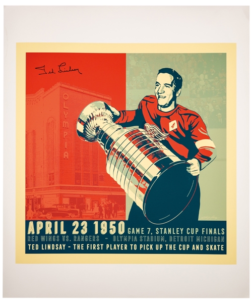 Ted Lindsay Detroit Red Wings “First Player to Pick Up the Stanley Cup and Skate” Signed Print with LOA – Proceeds to Benefit the Ted Lindsay Foundation (20” x 24”)