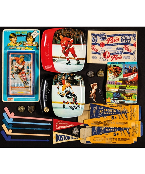 1950 Paris Gum “All Sport Banners” Pennants/Wrappers, Early-1970s Trays Including Orr and Howe and Various Other Games and Premiums