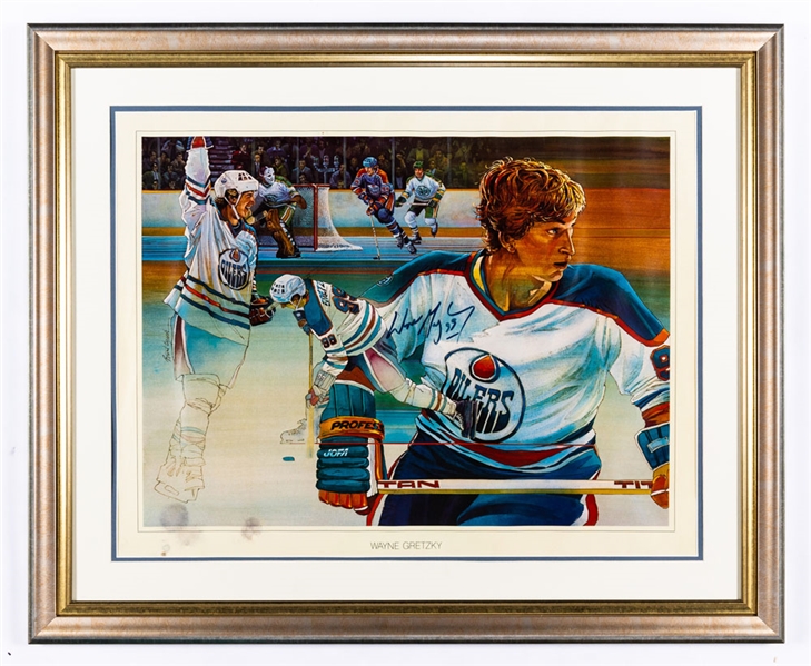Wayne Gretzky Vintage-Signed Early-1980s Edmonton Oilers Framed Brent Lynch Poster (29” x 35 ½”) 