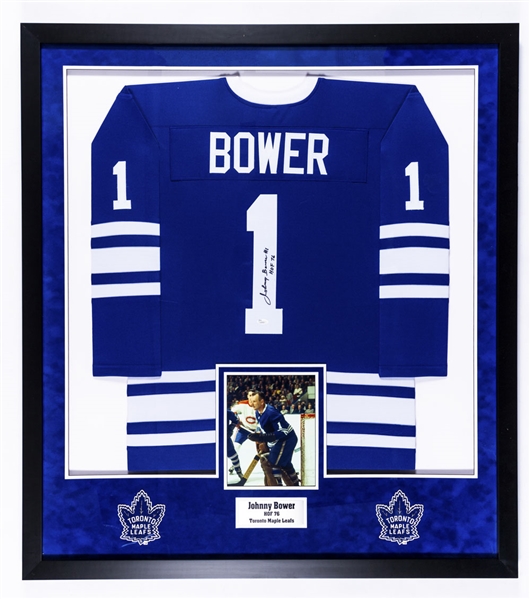 Deceased HOFer Johnny Bower Signed Toronto Maple Leafs Jersey Framed Display (42” x 47”) 