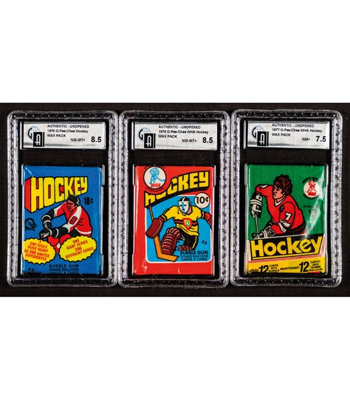 1976-77 and 1977-78 O-Pee-Chee Hockey Unopened Wax Packs (3) Including 1976-77 & 1977-78 O-Pee-Chee WHA - All GAI Certified