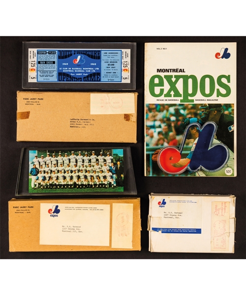 Vintage Montreal Expos Memorabilia Collection Highlighted by Season Ticket Holders Souvenirs Including 1969 Opening Game Ticket, 1970 Team Picture and 1972 Team Logo in Boxes