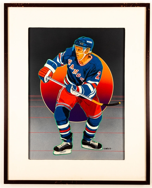 Brian Leetch New York Rangers Framed Original 1990-91 Upper Deck Hockey Card Artwork by Vernon Wells (24 ½” x 30 ½”) 