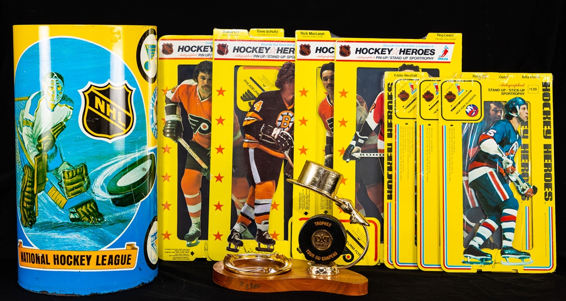 Vintage Multi-Sport Memorabilia Collection (NHL, CFL, Wrestling...) Including 1972 Canada-Russia Series Items, Dow Hat Trick Trophy, Guy Lafleur Items and Zellers Master of Hockey Multi-Signed Poster