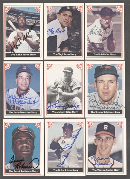 1980s ASA/Homeplate/RGI/Kondritz Baseball Story Card Sets with Signed Header Cards (13) Including Aaron, Berra, Kaline, Feller, Spahn, Snider and Others