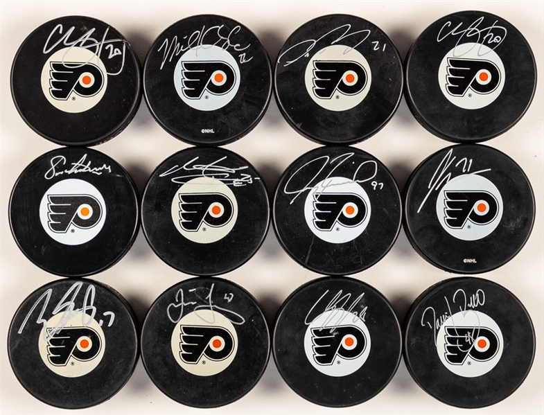 Philadelphia Flyers Vintage and Modern Stars Single-Signed Puck Collection of 12 Including Jagr, Forsberg and Lindros with COAs