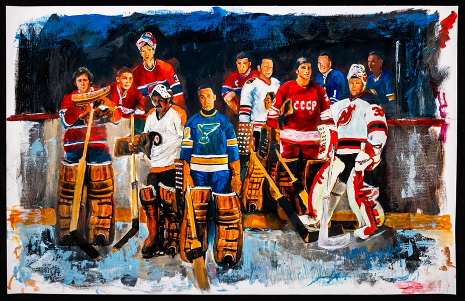 Sawchuk, Plante, Tretiak, Dryden, Roy and Others “Legendary Original Six and Modern Goaltenders” Original Painting on Canvas by Renowned Artist Murray Henderson (19 ½” x 30”) 