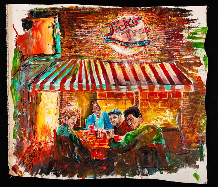 Babe Ruth, Wayne Gretzky, Michael Jordan and Muhammad Ali “Jocks Trap All-Star Café” Original Painting on Canvas by Renowned Artist Murray Henderson (25 ½” x 29 ½”) 