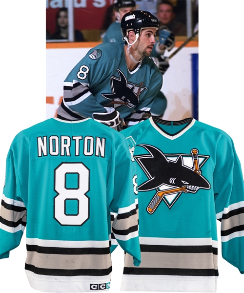 Jeff Nortons 1993-94 San Jose Sharks Game-Worn Playoffs Jersey with Team LOA - Photo-Matched!