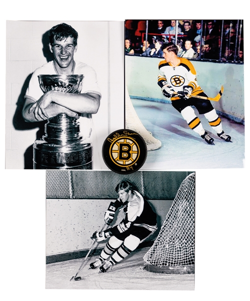 Bobby Orr Signed Boston Bruins Puck Plus 8" x 10" Photos (3) with COA 