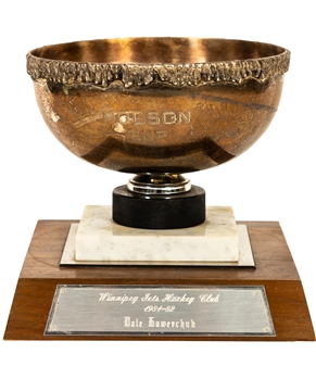 Dale Hawerchuks 1981-82 Winnipeg Jets Molson Cup Trophy with Family LOA (8") - 45-Goal Season! - Calder Memorial Trophy Season! 