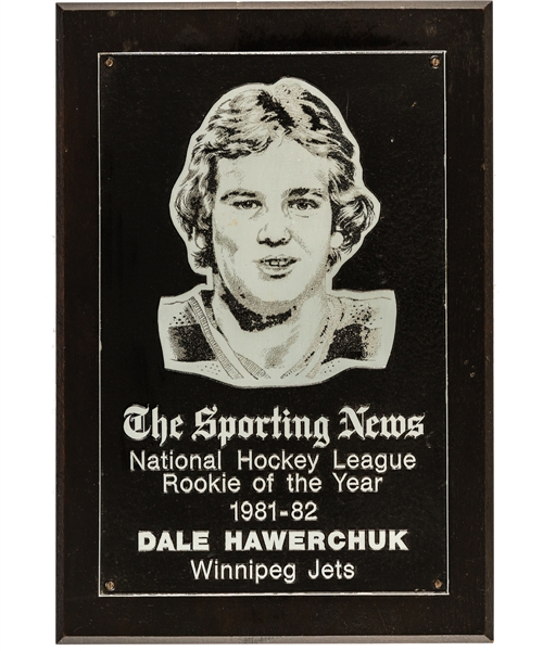 Dale Hawerchuks 1981-82 Winnipeg Jets "The Sporting News" NHL Rookie of the Year Trophy Plaque with Family LOA (9" x 13")