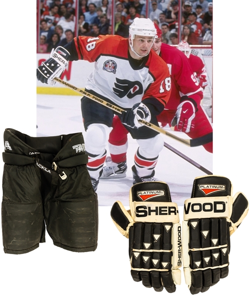 Dale Hawerchuks 1996-97 Philadelphia Flyers Sher-Wood Game-Used Gloves, Tackla Game-Used Pants, Jofa Game-Used Elbow Pads and Flyers Equipment Bag with Family LOA