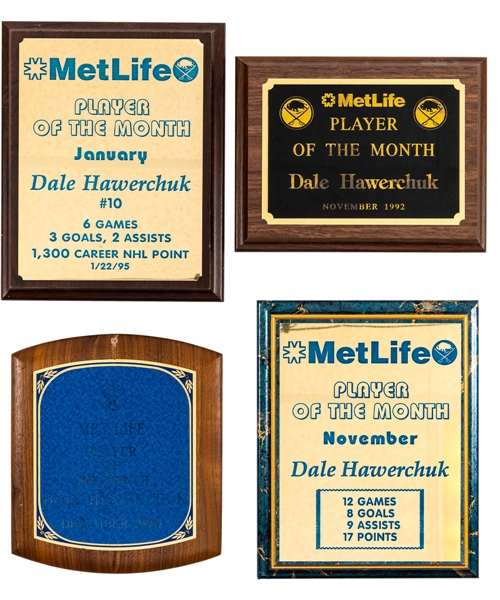 Dale Hawerchuks 1990-91 to 1994-95 Buffalo Sabres Metlife Player of the Month Trophy Plaques (4) with Family LOA