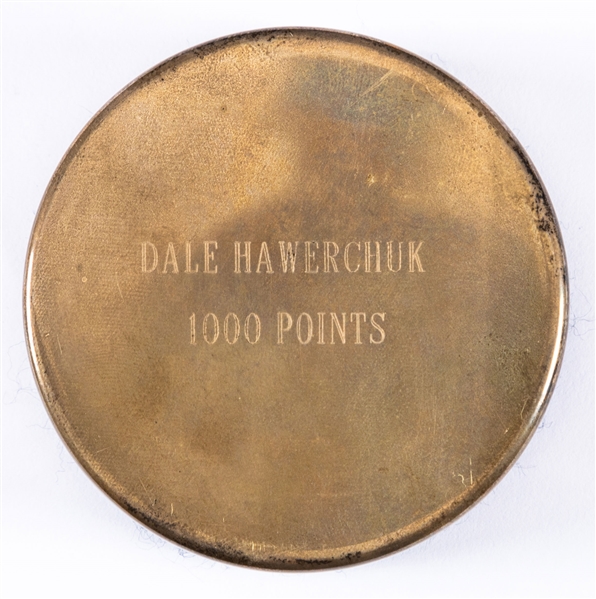 Dale Hawerchuks 1990-91 "1000th NHL Point" Presentational Sterling Silver Puck with Family LOA 