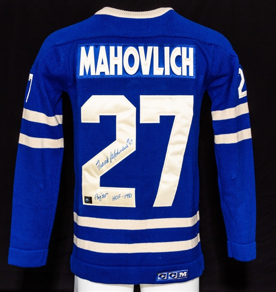 Frank Mahovlich Signed Toronto Maple Leafs Heritage Jersey with COA, Signed Vintage Skates with COA and Multi-Signed Framed Photo
