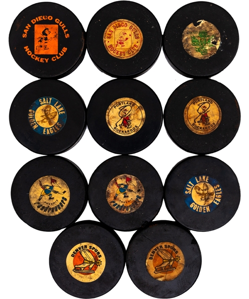1960s/1970s WHL, EHL, NAHL and PHL Game Puck and Souvenir Puck Collection of 24 Including Art Ross Pucks