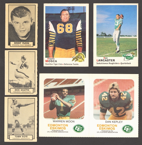 CFL Card Collection Including 1971 Eddie Sargent Complete Stamp Sets in Albums (2), 1970 OPC Complete 115-Card Set, 1962 Topps CFL (37) and 1981 Edmonton Eskimos Red Rooster Set (40) with Warren Moon