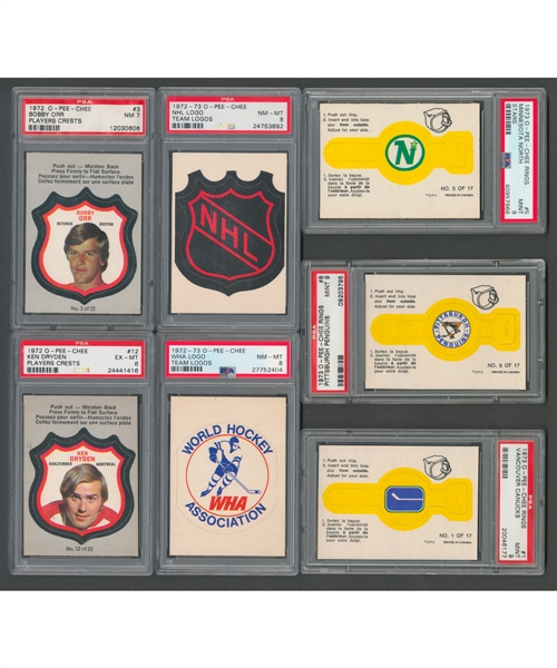 1972-73 O-Pee-Chee Team Logos Near Set (29/30) and Player Crests 22-Card Set Plus 1973-74 O-Pee-Chee Team Rings 17-Card Set - Most Cards PSA-Graded