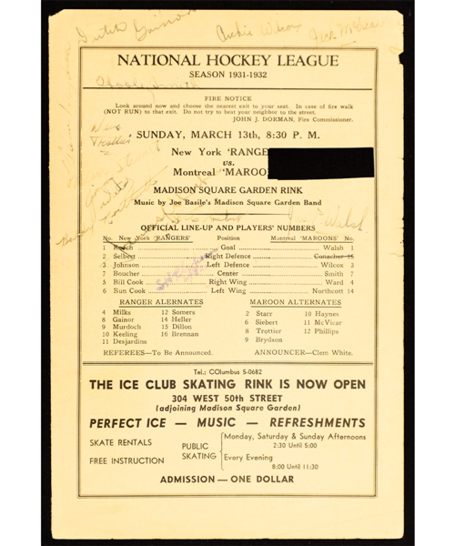 Montreal Maroons 1931-32 Team-Signed Line-up Sheet Including Deceased HOFers Cleghorn, Siebert, Stewart and Smith