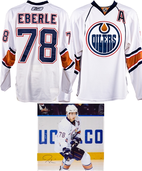 Jordan Eberle’s 2010-11 Edmonton Oilers "Young Stars Tournament" Game-Worn Rookie Season Alternate Captains Jersey with Team LOA – Photo-Matched! Plus Signed Canvas Display (18” x 18”) 