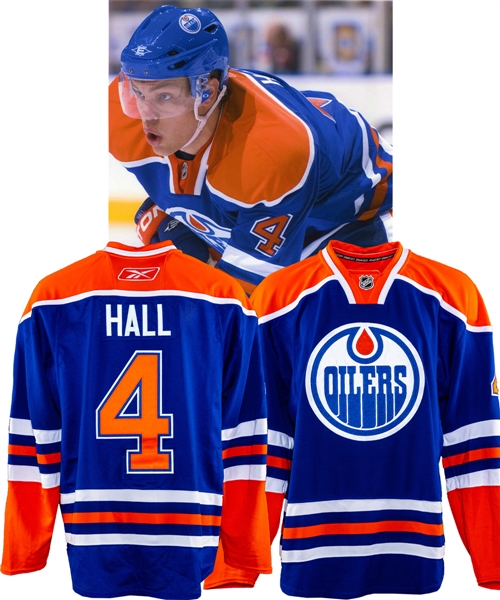 Taylor Halls 2010-11 Edmonton Oilers Game-Worn Rookie Season Blue Retro Jersey with LOA - Worn in His First NHL Game! - Photo-Matched!
