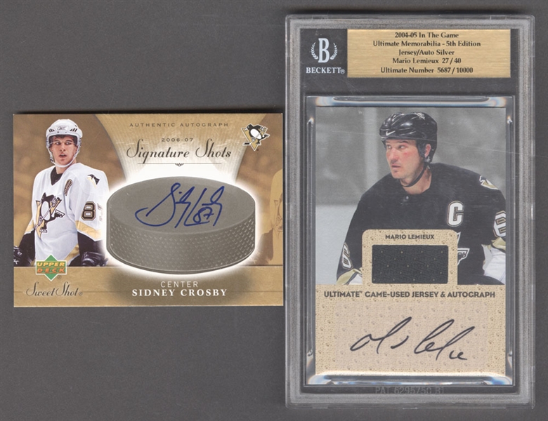 2006-07 Upper Deck Hockey Sidney Crosby Sweet Shot Signature Shots #SS-SC Certified Signed Hockey Card and 2004-05 ITG Ultimate Memorabilia Mario Lemieux Jersey/Auto Silver (27/40)  