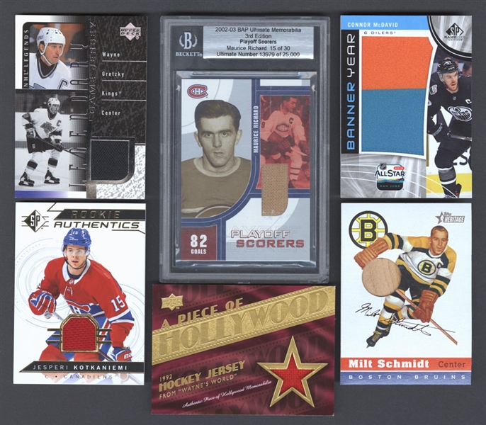 Game-Used Jersey/Patch Card Collection of 70+ Including 2000-01 Upper Deck Legendary Game Jersey #J-WG Wayne Gretzky and 2002-03 BAP Maurice Richard Playoff Scorers (15/30)