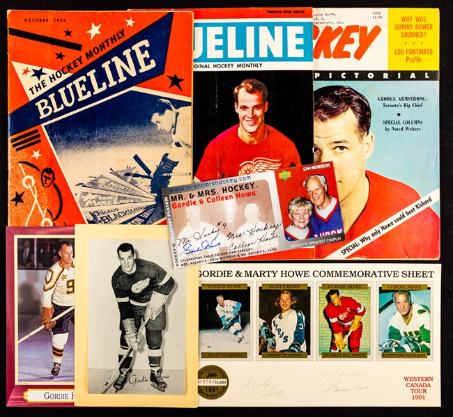 Hockey Blueline 1950s Magazine (14) Including October 1954 Gordie Howe Inaugural Issue Plus Assorted Gordie Howe Memorabilia with Signed Pieces