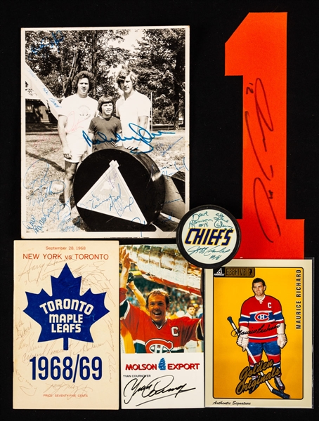 Vintage and Modern Hockey Autograph Collection Including 1968-69 Maple Leafs/Rangers Multi-Signed Program, Bobby Orr Signed Photo, Maurice Richard Signed Bee Hive and Other Assorted Items
