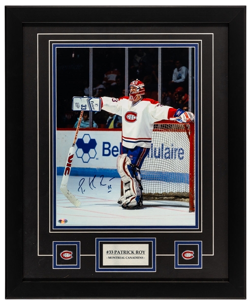 Patrick Roy Signed Montreal Canadiens Framed Photo Display with COA and Jose Theodore Signed Montreal Canadiens Sher-Wood Game-Issued Stick