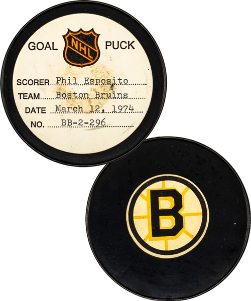 Phil Esposito’s Boston Bruins March 12th 1974 Goal Puck from the NHL Goal Puck Program - Season Goal #59 of 68 / Career Goal #457 of 717