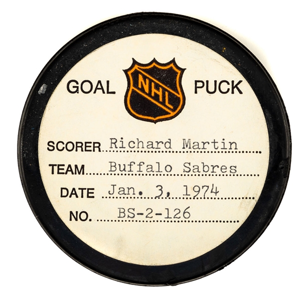 Richard Martins Buffalo Sabres January 3rd 1974 Goal Puck from the NHL Goal Puck Program - Season Goal #28 of 52 / Career Goal #109 of 384 - 3rd Goal of Hat Trick