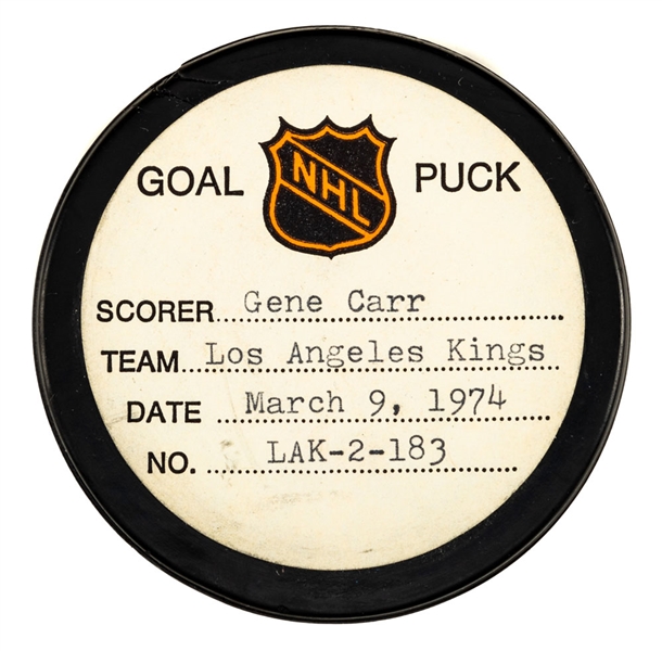 Gene Carrs Los Angeles Kings March 9th 1974 Goal Puck from the NHL Goal Puck Program - Season Goal #4 of 6 / Career Goal #24 of 79 - 3rd Goal of Hat Trick - Game-Tying Goal