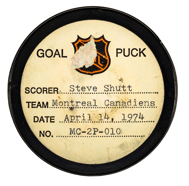 Steve Shutts Montreal Canadiens April 14th 1974 Playoff Goal Puck from the NHL Goal Puck Program - Season PO Goal #4 of 5 / Career PO Goal #4 of 50