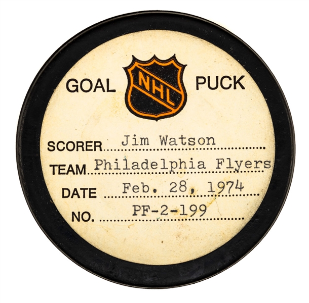 Jim Watsons Philadelphia Flyers February 28th 1974 Goal Puck from the NHL Goal Puck Program - Season Goal #2 of 2 / Career Goal #2 of 38 - Assisted by Bobby Clarke