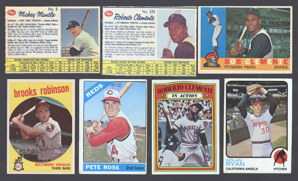 Vintage 1950s to 1980s Baseball Card Collection (600+) Including 1962 Post Canadian Baseball Cards (Mantle, Clemente, Aaron, Banks, Mays & Wilhem) and 1964 Topps Coins (Mantle (2), Clemente & Others)