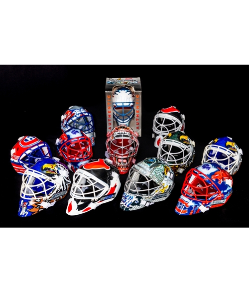 2001-02 and 2002-03 Upper Deck Mini Masks (11) Including Signed Examples of Brodeur, Belfour, Khabibulin and Theodore Plus 1997 Pinnacle EA Sports Patrick Roy Mini Mask