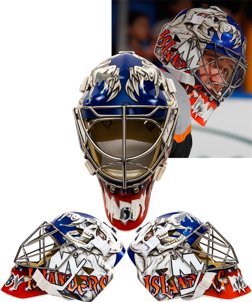 Evgeni Nabokovs 2012-13 New York Islanders Game-Worn Goalie Mask by Miska/Warwick - Photo-Matched!