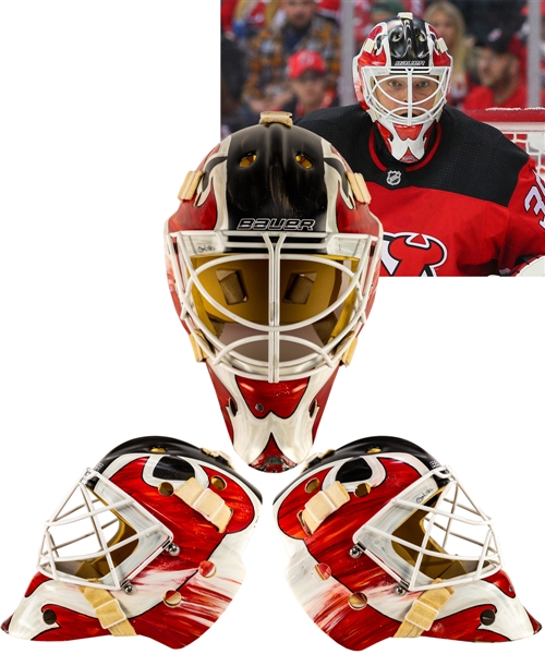 Cory Schneiders 2017-18 New Jersey Devils "Vintage" Game-Worn Goalie Mask by DaveArt - Photo-Matched!