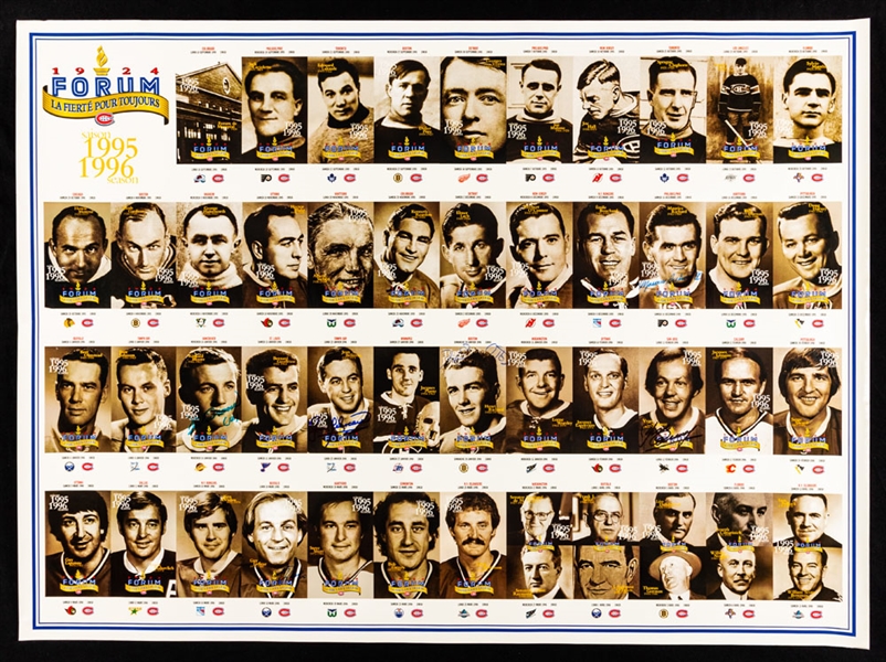 Montreal Forum 1995-96 Final Season Montreal Canadiens Ticket Poster Signed by HOFers Maurice Richard, Yvan Cournoyer, Dickie Moore, Guy Lafleur, Jean Beliveau and Henri Richard (25” x 34”) 