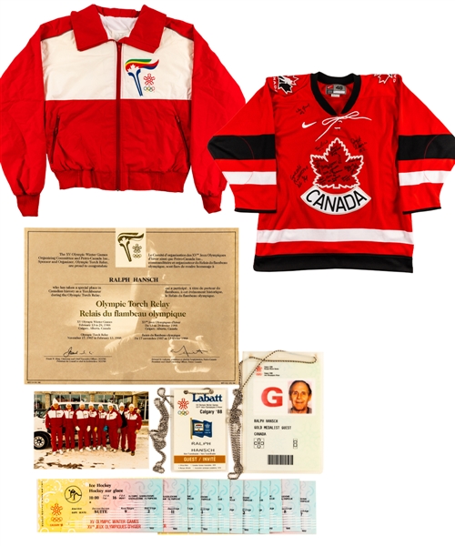 Ralph Hansch’s 1988 and 2002 Winter Olympics Collection including Torch Relay Track Suit, Olympic Certificate, Ticket Stubs and Passes from His Personal Collection with Family LOA 