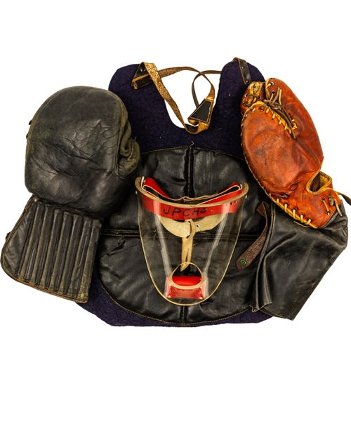 Ralph Hansch’s Goalie Equipment Collection of 4 including Customized Baseman’s Mitt and 1950s Louch Mask from His Personal Collection with Family LOA 