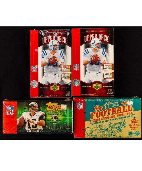 2002/2006 Topps & Upper Deck Football Unopened Boxes (8) Including 2005 Topps Heritage Hobby (Aaron Rodgers) and 2005 UD Hobby (Aaron Rodgers) Plus 1996-97 UD Collectors Choice NBA Italian Boxes (2)