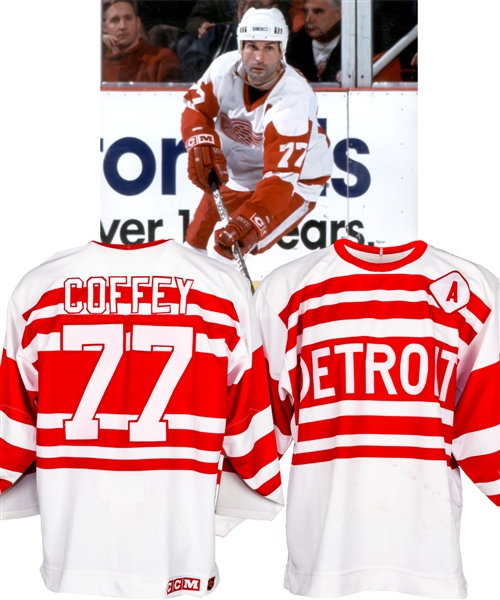 Paul Coffeys 1993-94 Detroit Red Wings "Turn Back the Clock" Game-Worn Alternate Captains Jersey - Photo-Matched!