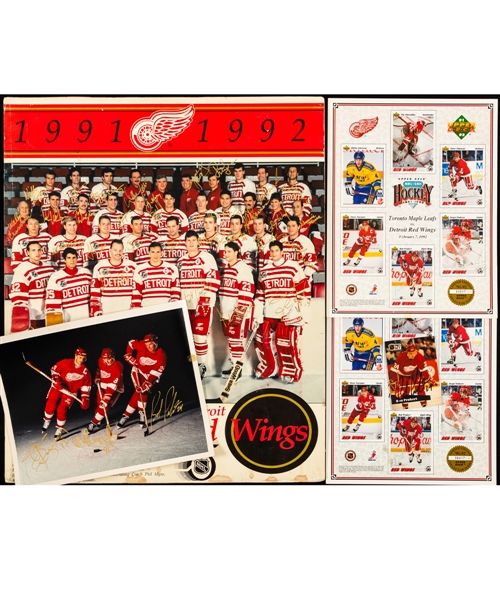 Detroit Red Wings 1990s Autograph Collection Including 1991-92 Team-Signed Team Photo, Chiassons 1993-94 Team-Signed Game-Used Stick and Other Items - Five Bob Probert Signatures in Collection